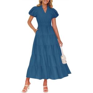 imageZESICA Womens Summer Casual Maxi Dress 2025 Puff Short Sleeve V Neck Ruffle Tiered Flowy Boho Beach DressesDarkblue