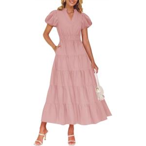 imageZESICA Womens Summer Casual Maxi Dress 2025 Puff Short Sleeve V Neck Ruffle Tiered Flowy Boho Beach DressesDustypink