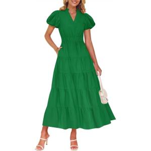 imageZESICA Womens Summer Casual Maxi Dress 2025 Puff Short Sleeve V Neck Ruffle Tiered Flowy Boho Beach DressesGreen