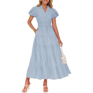 imageZESICA Womens Summer Casual Maxi Dress 2025 Puff Short Sleeve V Neck Ruffle Tiered Flowy Boho Beach DressesLightblue