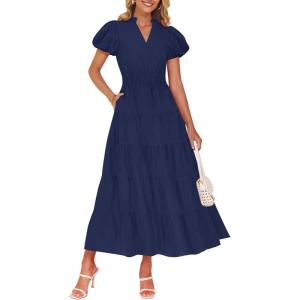 imageZESICA Womens Summer Casual Maxi Dress 2025 Puff Short Sleeve V Neck Ruffle Tiered Flowy Boho Beach DressesNavy