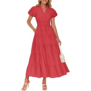 imageZESICA Womens Summer Casual Maxi Dress 2025 Puff Short Sleeve V Neck Ruffle Tiered Flowy Boho Beach DressesWatermelon