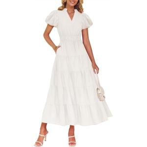 imageZESICA Womens Summer Casual Maxi Dress 2025 Puff Short Sleeve V Neck Ruffle Tiered Flowy Boho Beach DressesWhite