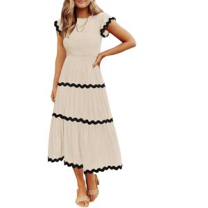 imageZESICA Womens Summer Flutter Short Sleeve Smocked Midi Dress Casual High Waist Rickrack Tiered Flowy DressesApricot