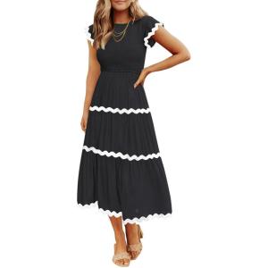 imageZESICA Womens Summer Flutter Short Sleeve Smocked Midi Dress Casual High Waist Rickrack Tiered Flowy DressesBlack
