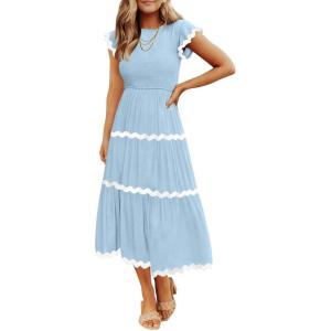 imageZESICA Womens Summer Flutter Short Sleeve Smocked Midi Dress Casual High Waist Rickrack Tiered Flowy DressesBlue