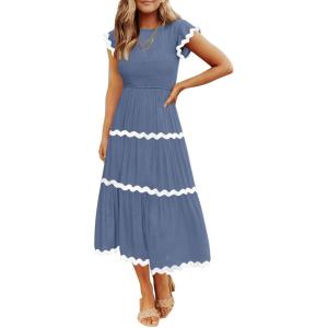 imageZESICA Womens Summer Flutter Short Sleeve Smocked Midi Dress Casual High Waist Rickrack Tiered Flowy DressesDusty Blue
