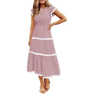 imageZESICA Womens Summer Flutter Short Sleeve Smocked Midi Dress Casual High Waist Rickrack Tiered Flowy DressesPink