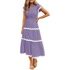 imageZESICA Womens Summer Flutter Short Sleeve Smocked Midi Dress Casual High Waist Rickrack Tiered Flowy DressesPurple
