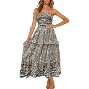 imageZESICA Womens Summer Strapless Dress Off Shoulder Sleeveless High Waist Solid Color Beach Long DressesCream