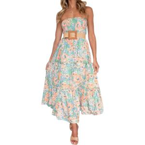 imageZESICA Womens Summer Strapless Dress Off Shoulder Sleeveless High Waist Solid Color Beach Long DressesFloral1