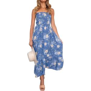 imageZESICA Womens Summer Strapless Dress Off Shoulder Sleeveless High Waist Solid Color Beach Long DressesFloral2
