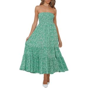 imageZESICA Womens Summer Strapless Dress Off Shoulder Sleeveless High Waist Solid Color Beach Long DressesGreen