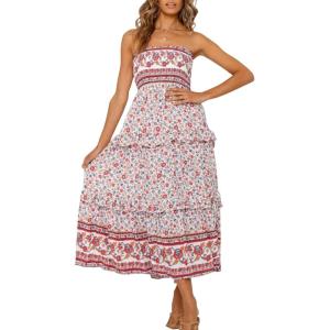 imageZESICA Womens Summer Strapless Dress Off Shoulder Sleeveless High Waist Solid Color Beach Long DressesPink