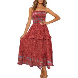 imageZESICA Womens Summer Strapless Dress Off Shoulder Sleeveless High Waist Solid Color Beach Long DressesRed