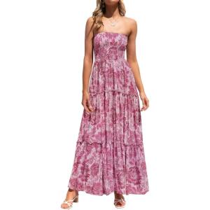 imageZESICA Womens Summer Strapless Dress Off Shoulder Sleeveless High Waist Solid Color Beach Long DressesRosepink