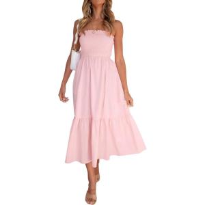 imageZESICA Womens Summer Strapless Dress Off Shoulder Sleeveless High Waist Solid Color Beach Long DressesSolid Blush Pink