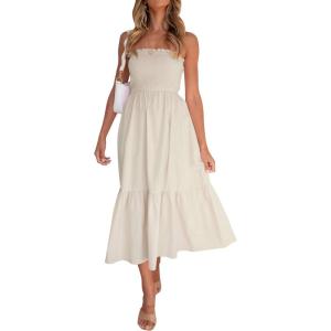 imageZESICA Womens Summer Strapless Dress Off Shoulder Sleeveless High Waist Solid Color Beach Long DressesSolidbeige