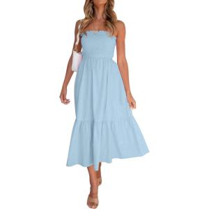 imageZESICA Womens Summer Strapless Dress Off Shoulder Sleeveless High Waist Solid Color Beach Long DressesSolidblue