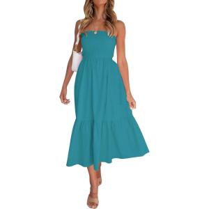 imageZESICA Womens Summer Strapless Dress Off Shoulder Sleeveless High Waist Solid Color Beach Long DressesSolidpeacock