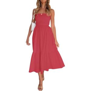 imageZESICA Womens Summer Strapless Dress Off Shoulder Sleeveless High Waist Solid Color Beach Long DressesWatermelon
