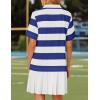 imageZESICA 2025 Womens Casual Short Sleeve Tunic Shirt Dress Summer Striped V Neck Pleated Y2K Mini DressesBlue