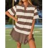 imageZESICA 2025 Womens Casual Short Sleeve Tunic Shirt Dress Summer Striped V Neck Pleated Y2K Mini DressesBrown
