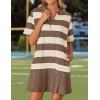 imageZESICA 2025 Womens Casual Short Sleeve Tunic Shirt Dress Summer Striped V Neck Pleated Y2K Mini DressesBrown