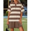 imageZESICA 2025 Womens Casual Short Sleeve Tunic Shirt Dress Summer Striped V Neck Pleated Y2K Mini DressesBrown