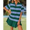imageZESICA 2025 Womens Casual Short Sleeve Tunic Shirt Dress Summer Striped V Neck Pleated Y2K Mini DressesGreen