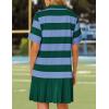 imageZESICA 2025 Womens Casual Short Sleeve Tunic Shirt Dress Summer Striped V Neck Pleated Y2K Mini DressesGreen