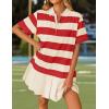 imageZESICA 2025 Womens Casual Short Sleeve Tunic Shirt Dress Summer Striped V Neck Pleated Y2K Mini DressesWatermelonred