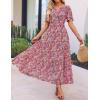 imageZESICA Womens 2025 Summer Casual Floral Print Short Sleeve V Neck High Waist A Line Tiered Flowy Boho Maxi DressRed
