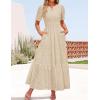 imageZESICA Womens 2025 Summer Short Sleeve Maxi Dress Casual V Neck Hollow Out Eyelet Ruffle Swing A Line Long DressesApricot
