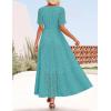 imageZESICA Womens 2025 Summer Short Sleeve Maxi Dress Casual V Neck Hollow Out Eyelet Ruffle Swing A Line Long DressesAqua