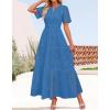 imageZESICA Womens 2025 Summer Short Sleeve Maxi Dress Casual V Neck Hollow Out Eyelet Ruffle Swing A Line Long DressesCobalt