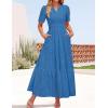 imageZESICA Womens 2025 Summer Short Sleeve Maxi Dress Casual V Neck Hollow Out Eyelet Ruffle Swing A Line Long DressesCobalt