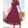 imageZESICA Womens 2025 Summer Short Sleeve Maxi Dress Casual V Neck Hollow Out Eyelet Ruffle Swing A Line Long DressesFuchsia