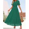 imageZESICA Womens 2025 Summer Short Sleeve Maxi Dress Casual V Neck Hollow Out Eyelet Ruffle Swing A Line Long DressesGreen