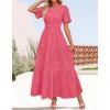 imageZESICA Womens 2025 Summer Short Sleeve Maxi Dress Casual V Neck Hollow Out Eyelet Ruffle Swing A Line Long DressesHot Pink