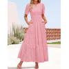 imageZESICA Womens 2025 Summer Short Sleeve Maxi Dress Casual V Neck Hollow Out Eyelet Ruffle Swing A Line Long DressesPink