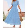 imageZESICA Womens 2025 Summer Short Sleeve Maxi Dress Casual V Neck Hollow Out Eyelet Ruffle Swing A Line Long DressesSky