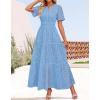 imageZESICA Womens 2025 Summer Short Sleeve Maxi Dress Casual V Neck Hollow Out Eyelet Ruffle Swing A Line Long DressesSky