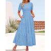 imageZESICA Womens 2025 Summer Short Sleeve Maxi Dress Casual V Neck Hollow Out Eyelet Ruffle Swing A Line Long DressesSky