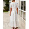 imageZESICA Womens 2025 Summer Short Sleeve Maxi Dress Casual V Neck Hollow Out Eyelet Ruffle Swing A Line Long DressesWhite