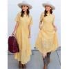 imageZESICA Womens 2025 Summer Short Sleeve Maxi Dress Casual V Neck Hollow Out Eyelet Ruffle Swing A Line Long DressesYellow