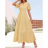 imageZESICA Womens 2025 Summer Short Sleeve Maxi Dress Casual V Neck Hollow Out Eyelet Ruffle Swing A Line Long DressesYellow