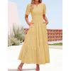 imageZESICA Womens 2025 Summer Short Sleeve Maxi Dress Casual V Neck Hollow Out Eyelet Ruffle Swing A Line Long DressesYellow