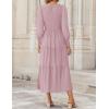 imageZESICA Womens Casual Long Sleeve Crew Neck High Waist Smocked Flowy Tiered Midi DressDarkpink