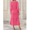 imageZESICA Womens Casual Long Sleeve Crew Neck High Waist Smocked Flowy Tiered Midi DressHotpink